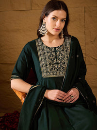 KALINI Ethnic Motifs Embroidered Round Neck Sequinned Empire Kurta With Trouser & Dupatta