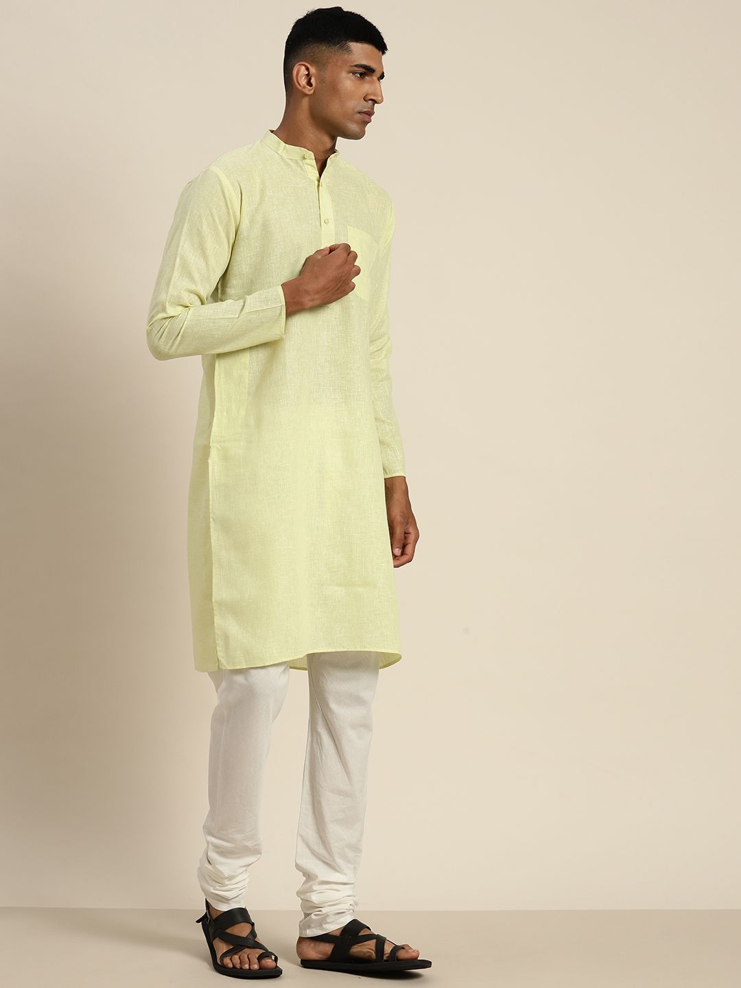 SOJANYA Mandarin Collar Cotton Linen Pastel Kurta