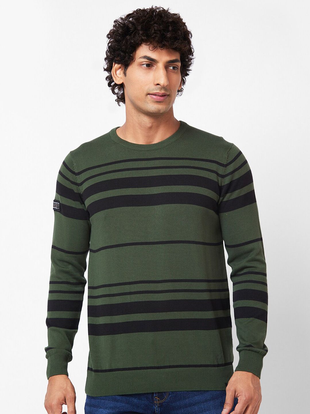 SPYKAR Striped Ribbed Cotton Pullover Sweater