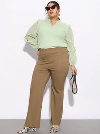 SASSAFRAS Curve Women Plus Size Beige Straight Fit Parallel Trousers