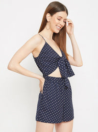 Berrylush Navy Blue & White Polka Dots Printed Cut-Out Playsuit