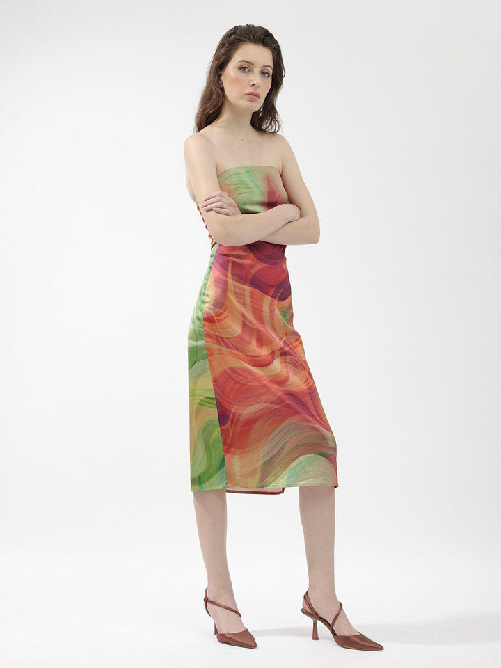 RAREISM Abstract Printed Strapless Bodycon Midi Dress