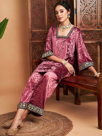 Shae by SASSAFRAS Embroidered Square Neck Regular Sequinned Velvet Kurti With Trousers