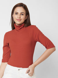 SPYKAR Women Brown High Neck Slim Fit T-shirt