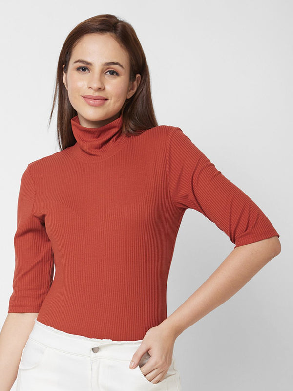 SPYKAR Women Brown High Neck Slim Fit T-shirt