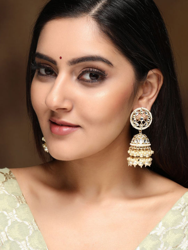Rubans Gold-Toned Handcrafted Kundan White Pearls Jhumka Earrings