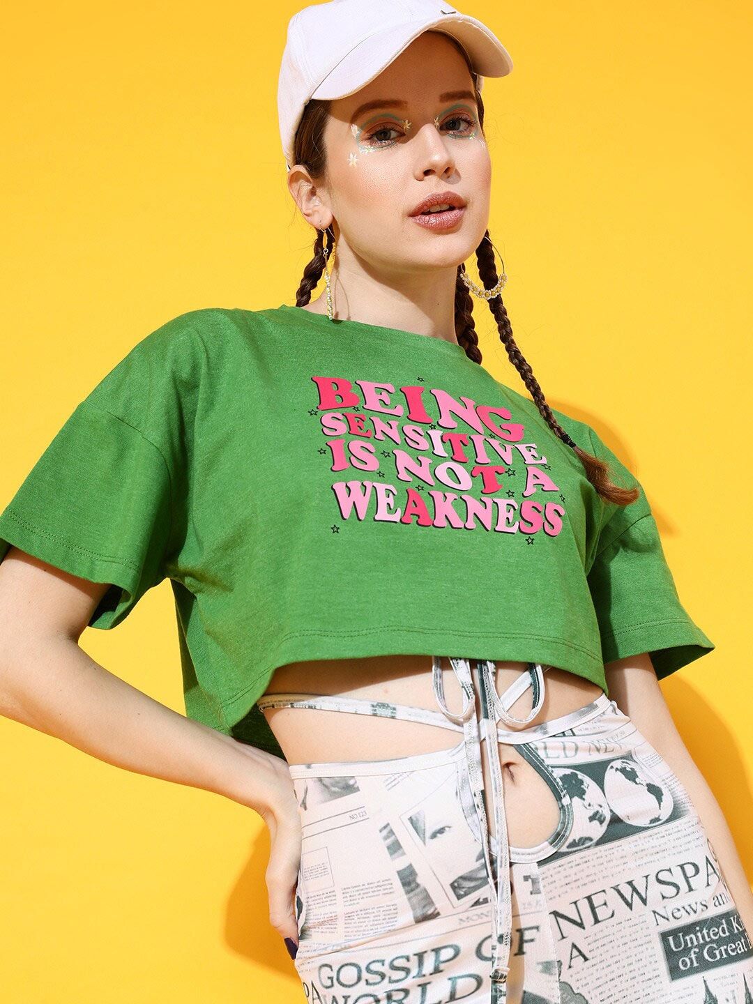 STREET 9 Women Green Printed Drop-Shoulder Sleeves Bio Finish Applique Oversized  Crop T-shirt
