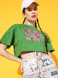 STREET 9 Women Green Printed Drop-Shoulder Sleeves Bio Finish Applique Oversized  Crop T-shirt