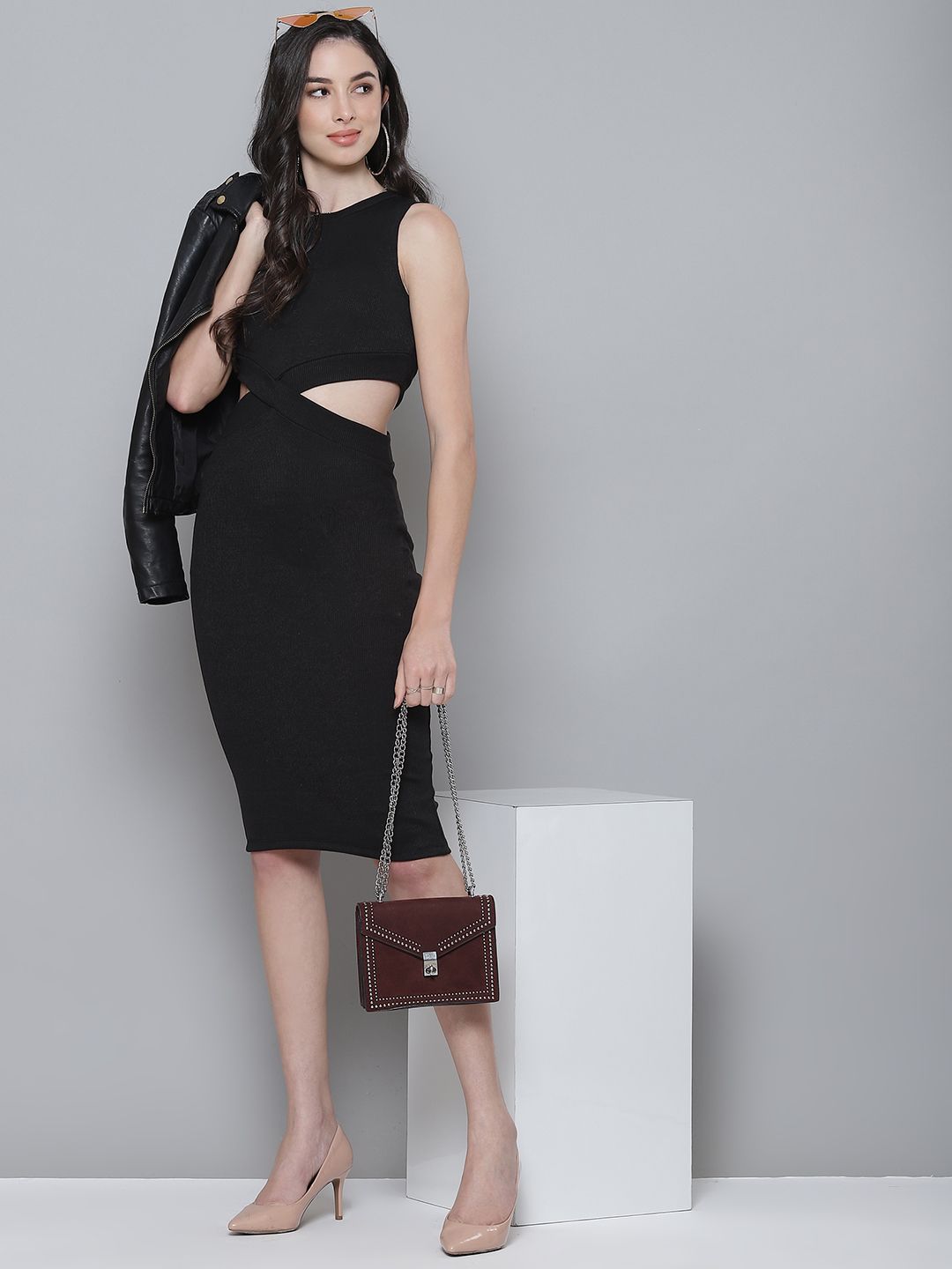 SASSAFRAS Black Ribbed Cut-Out Bodycon Dress