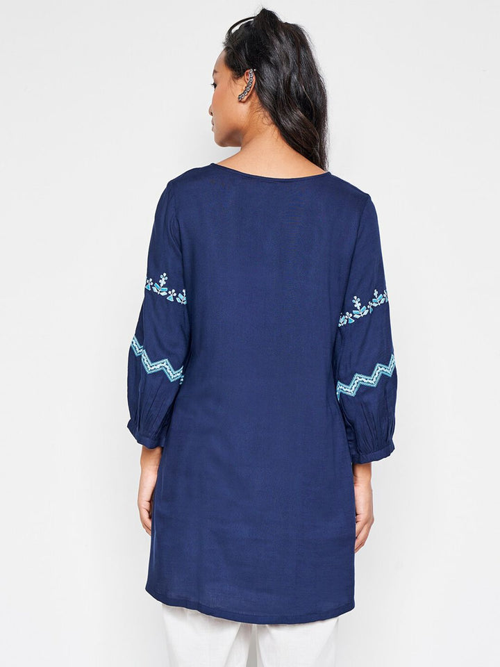 Global Desi Floral Embroidered Tie-Up Neck Tunic