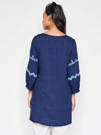 Global Desi Floral Embroidered Tie-Up Neck Tunic