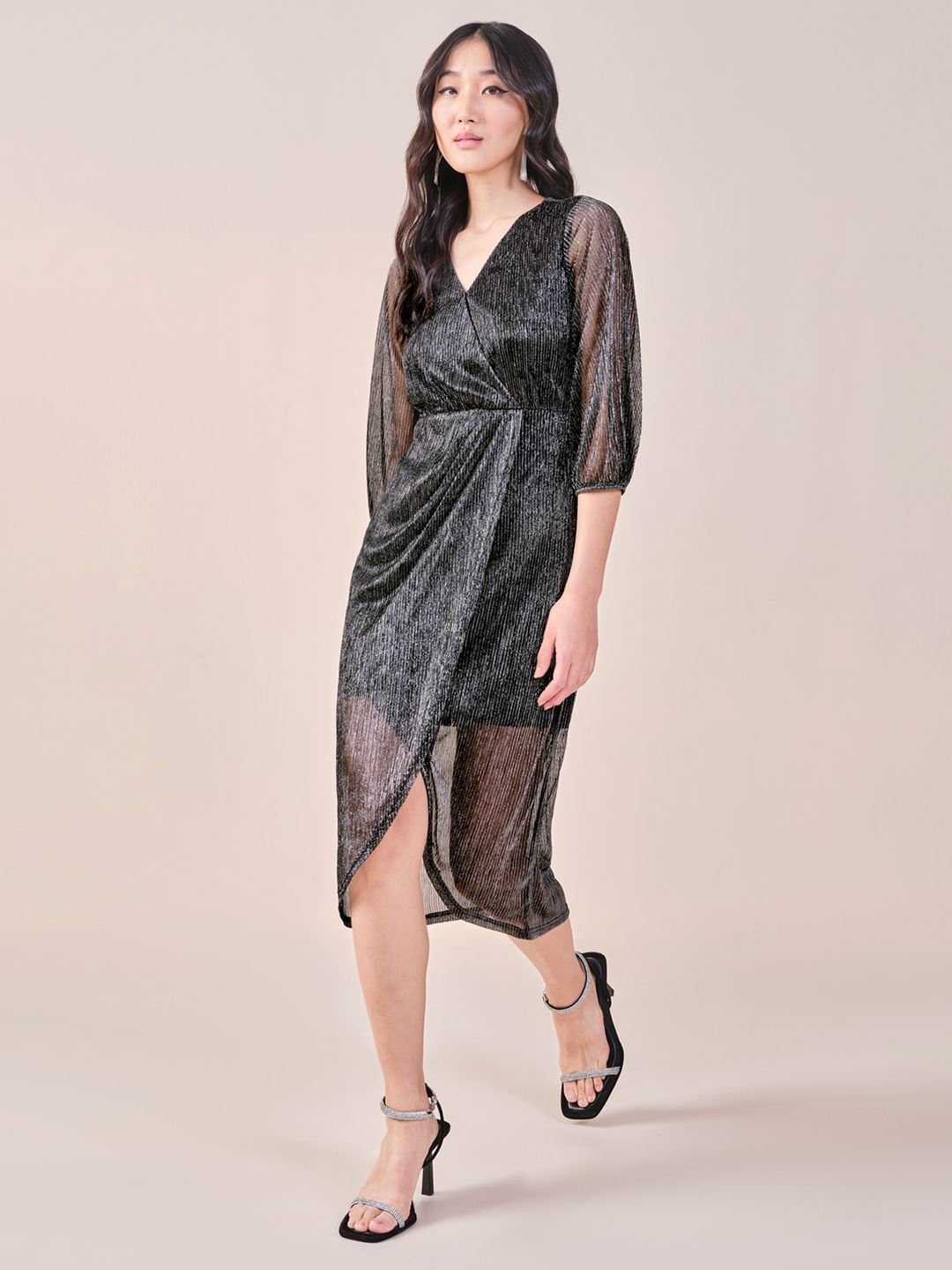 AND Puff Sleeve Midi Wrap Dress