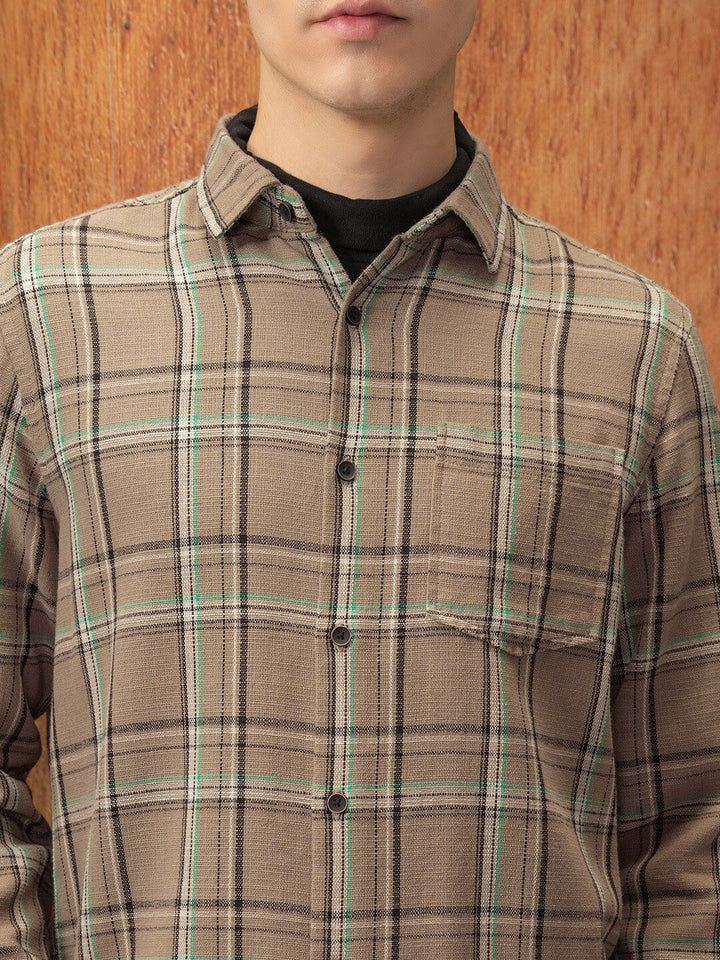 Locomotive Premium Men Khaki Relaxed Fit Dobby Textured Checked Shirt