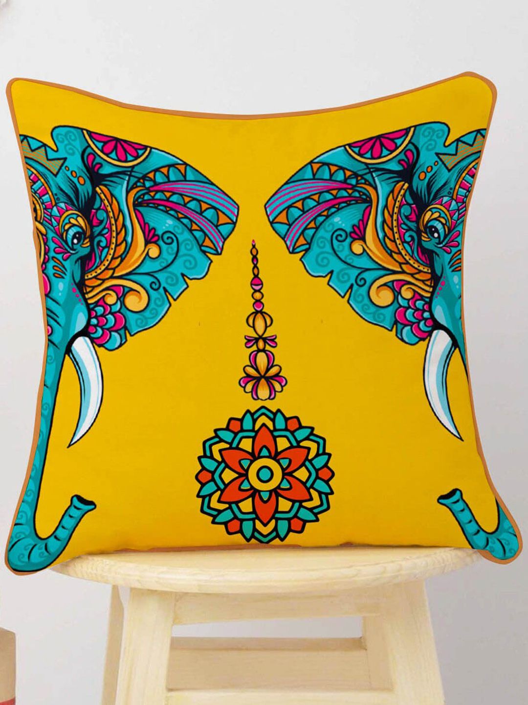 STITCHNEST Yellow & Blue Set of 5 Floral Velvet Square Cushion Covers