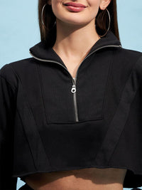 STREET 9 Black Mock Collar Pure Cotton Crop Sweatshirt