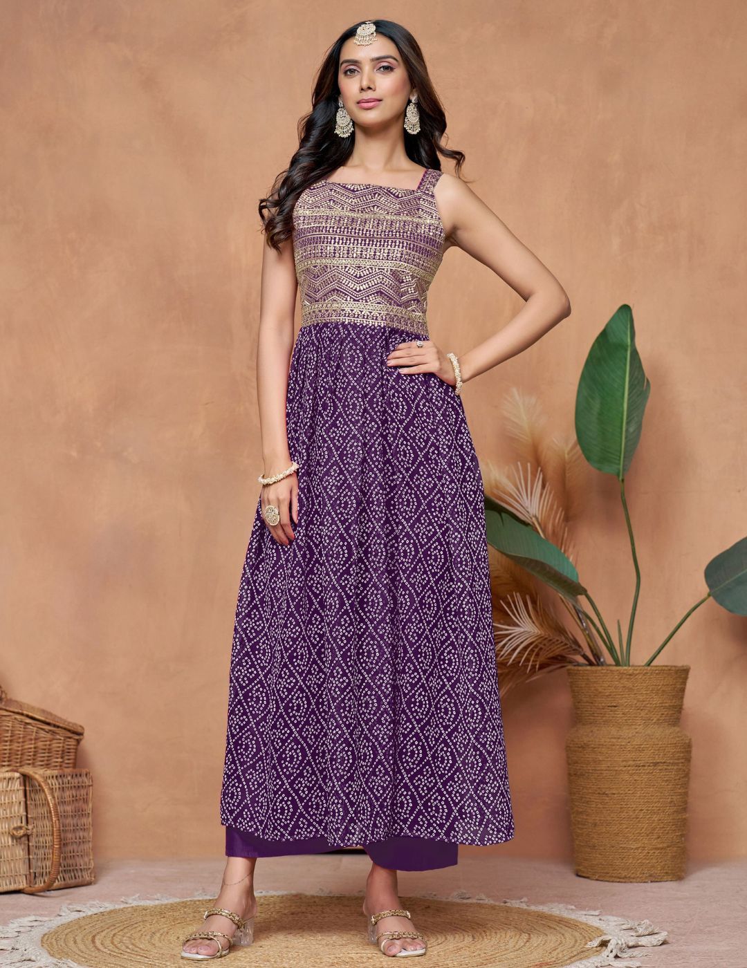 Kalini Georgette Bandhani Printed Square Neck Zari Work Anarkali Kurta