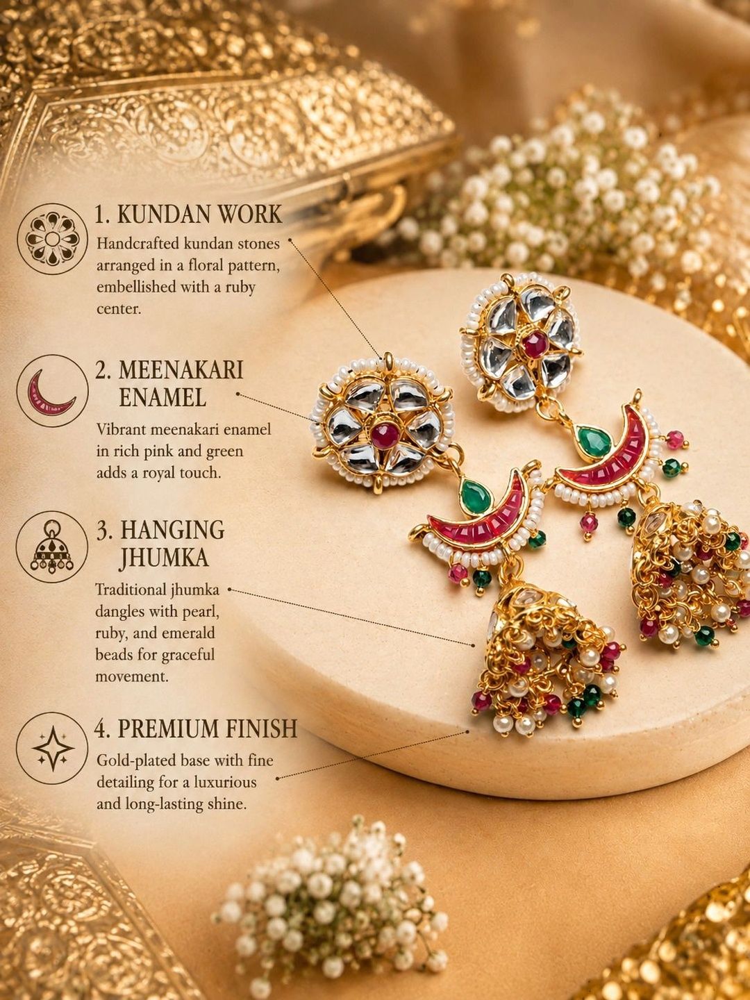 PANASH Gold-Plated Artificial Stones Studded And Beaded Contemporary Shaped Jhumkas