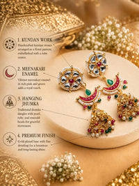 PANASH Gold-Plated Artificial Stones Studded And Beaded Contemporary Shaped Jhumkas