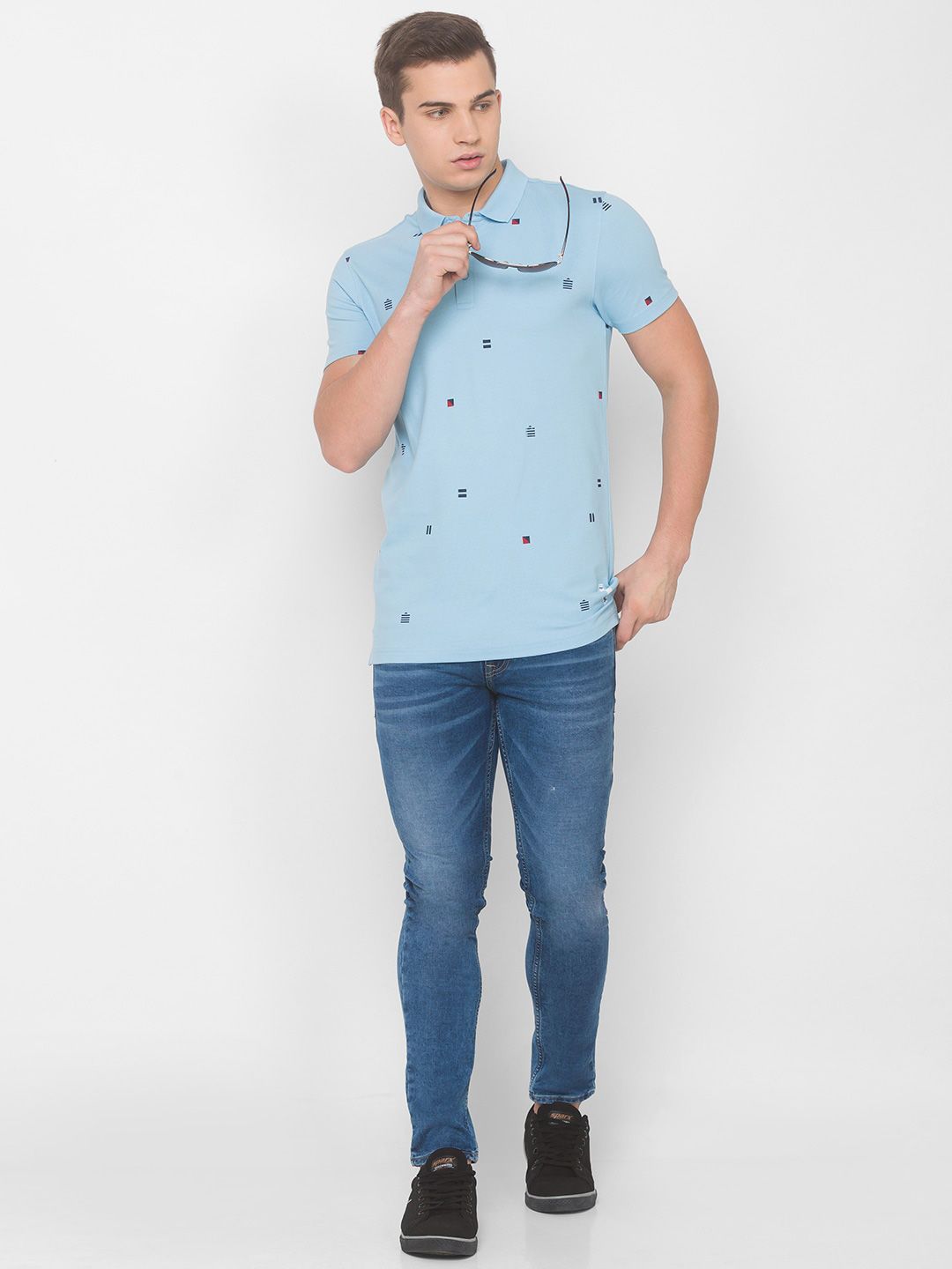 SPYKAR Men Blue Printed Polo Collar Pockets Slim Fit T-shirt
