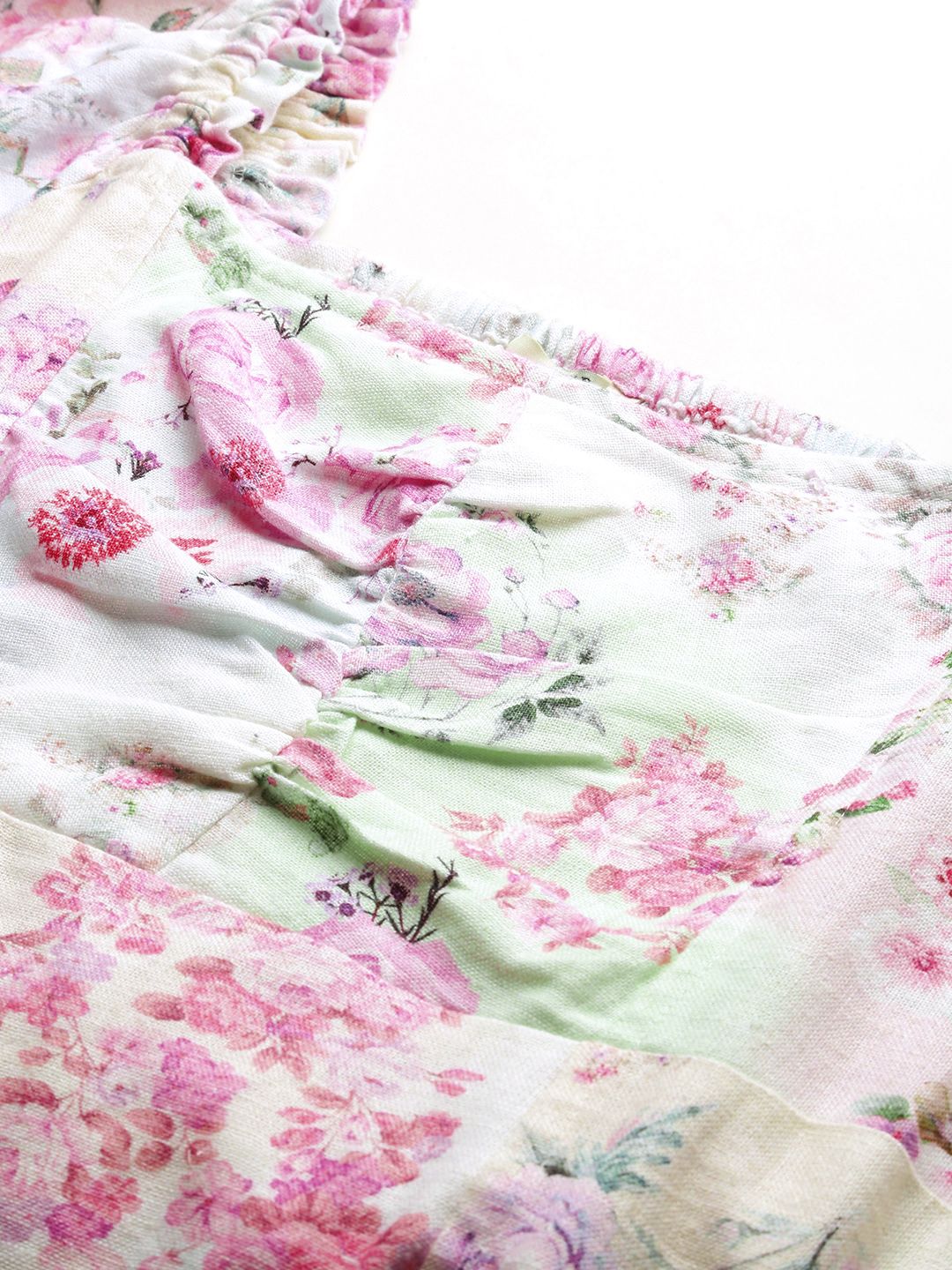 AND Square Neck Floral Print Puff Sleeve Empire Style Smocked Mini Dress