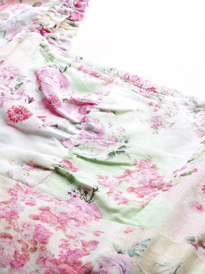AND Square Neck Floral Print Puff Sleeve Empire Style Smocked Mini Dress