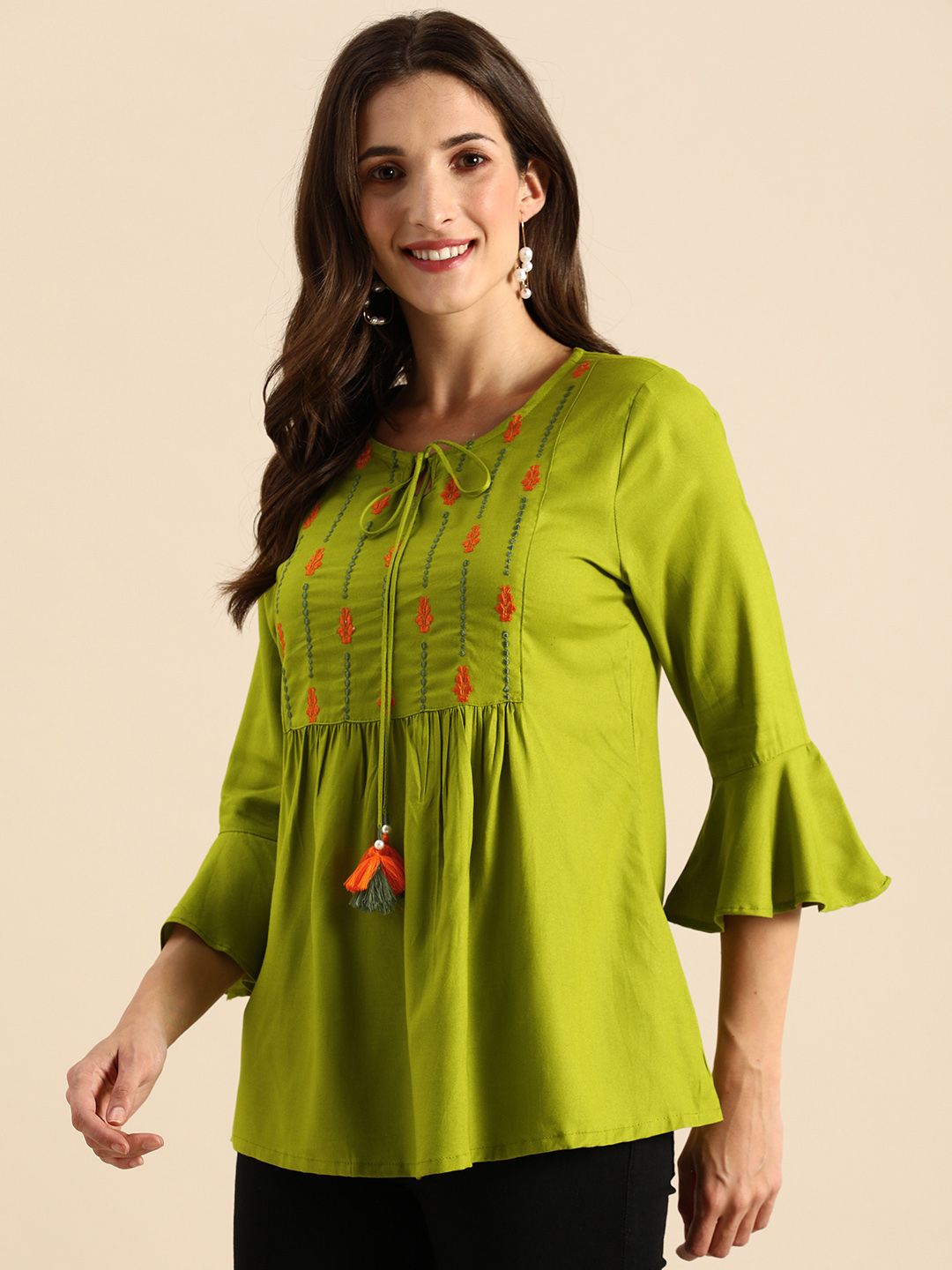 all about you Green Ethnic Motifs Embellished Thread Work Empire Styled Kurti