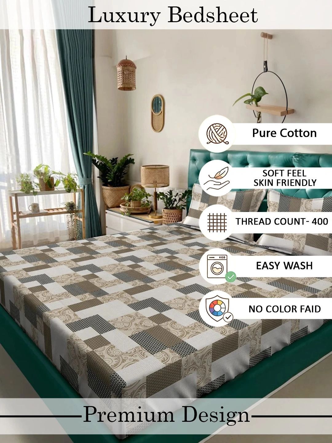 Moda Rapido X KLOTTHE Multicoloured Geometric 400 TC King Bedsheet with 2 Pillow Covers