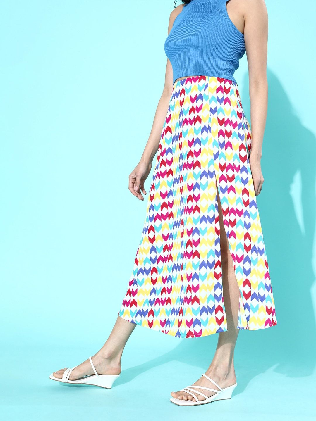 Berrylush Multicoloured Geometric Printed Polyester Crepe Casual Flared Midi A Line Skirt
