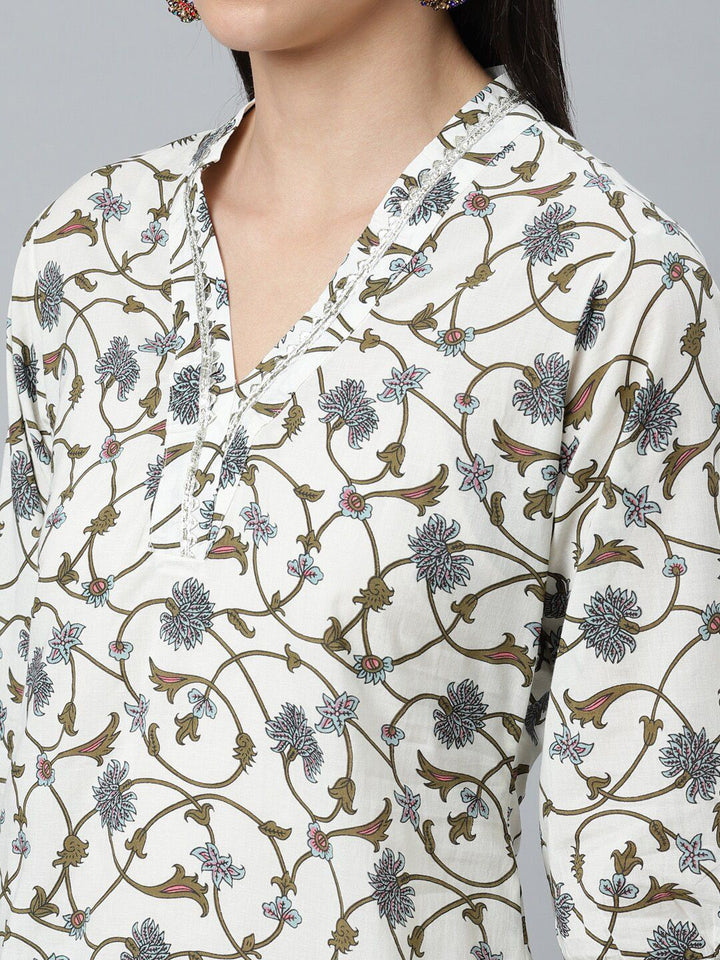 Libas Women White Floral Printed Pure Cotton Kurta with Salwar & With Dupatta