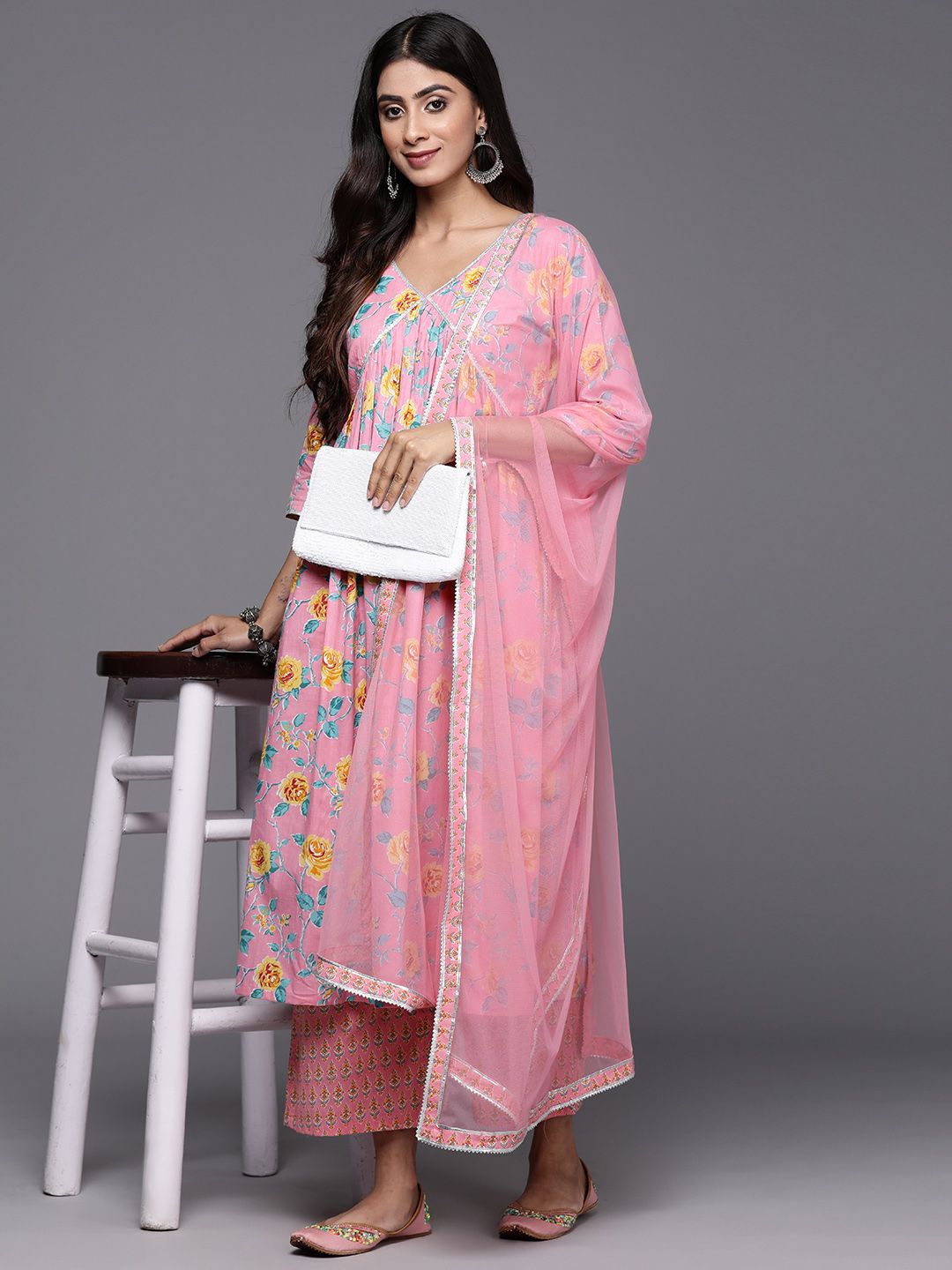 Libas Women Floral Printed Gotta Patti Pure Cotton Kurta with Palazzos & With Dupatta