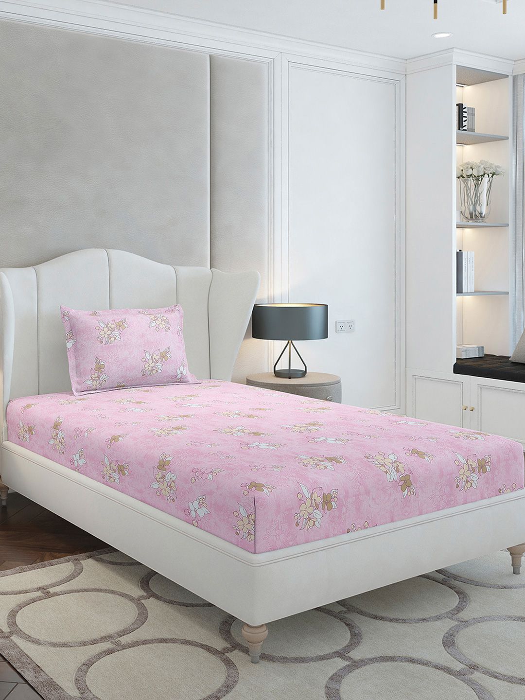 Monte Carlo Pink & White Floral Printed Cotton 104 TC Single Bedsheet Set-2.24 m x 1.52 m