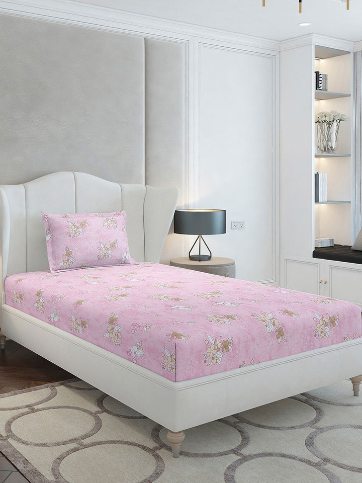 Monte Carlo Pink & White Floral Printed Cotton 104 TC Single Bedsheet Set-2.24 m x 1.52 m