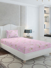 Monte Carlo Pink & White Floral Printed Cotton 104 TC Single Bedsheet Set-2.24 m x 1.52 m