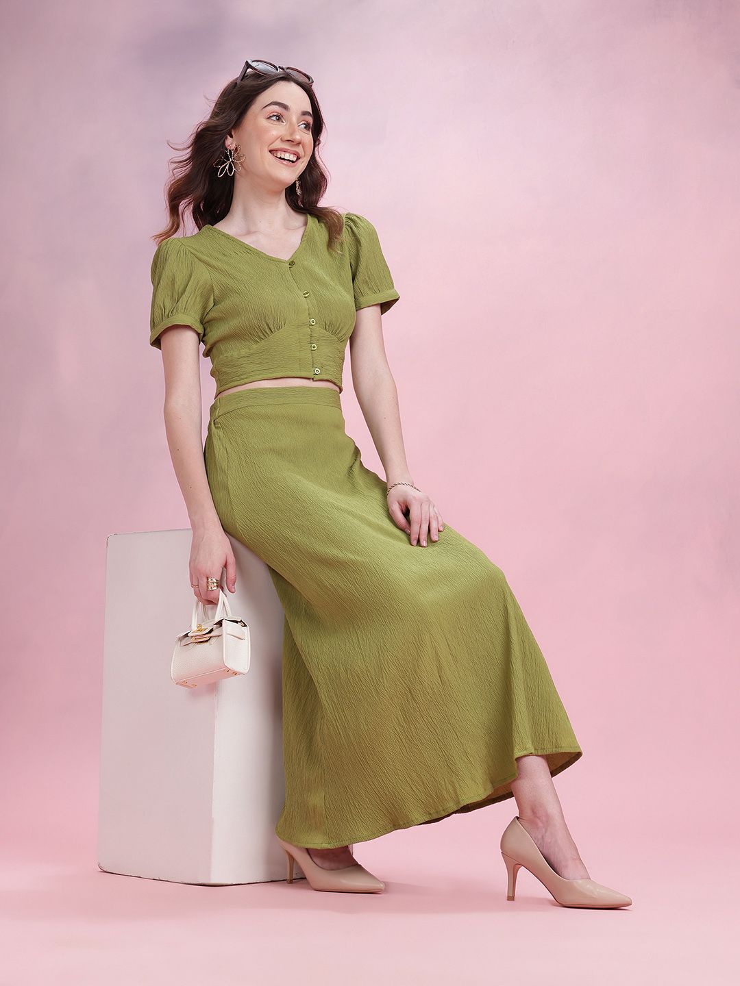 DressBerry Crinkle Cropped  Top & Midi Skirt