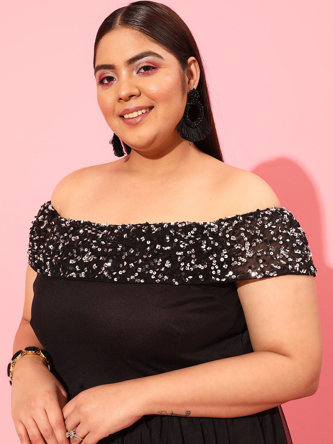 CURVY STREET Black Plus Size Off-Shoulder Net Maxi Dress