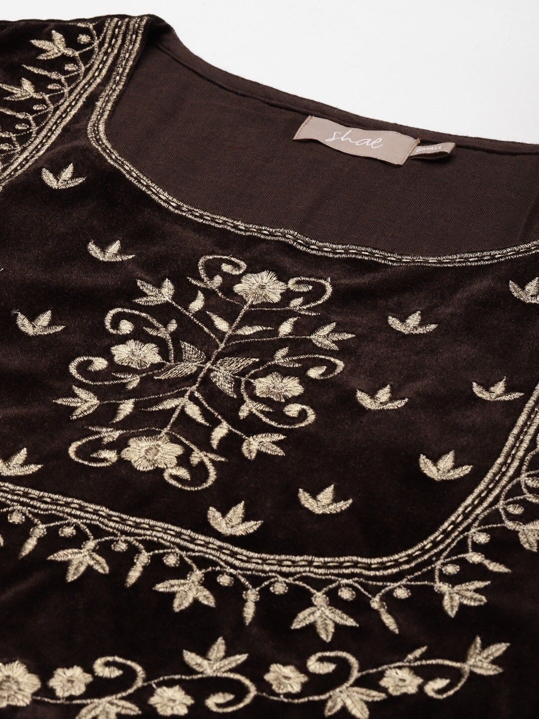 Shae by SASSAFRAS Women Brown & Golden Ethnic Motifs Embroidered Velvet Kurti