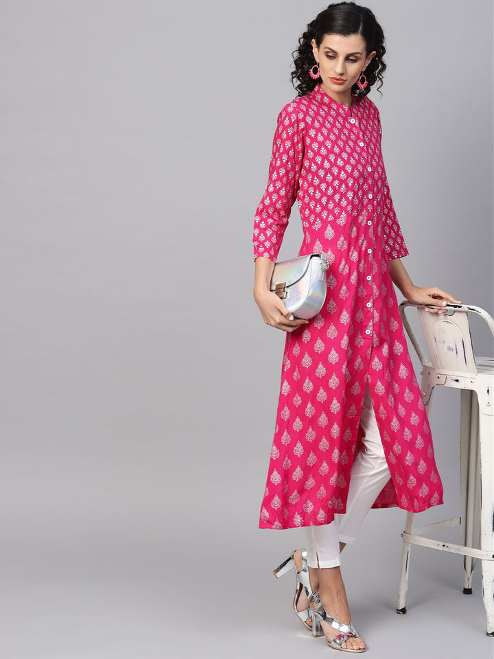 SOJANYA Women Pink & Silver Foil Print A-Line Kurta