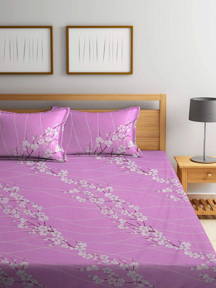 KLOTTHE Purple & White Floral Pure Cotton 400 TC Double King Bedsheet With 2 Pillow Covers