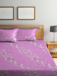 KLOTTHE Purple & White Floral Pure Cotton 400 TC Double King Bedsheet With 2 Pillow Covers