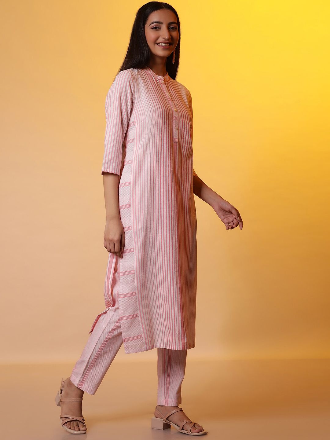 AURELIA Striped Band Collar Regular Pure Cotton Straight Kurta with Trousers