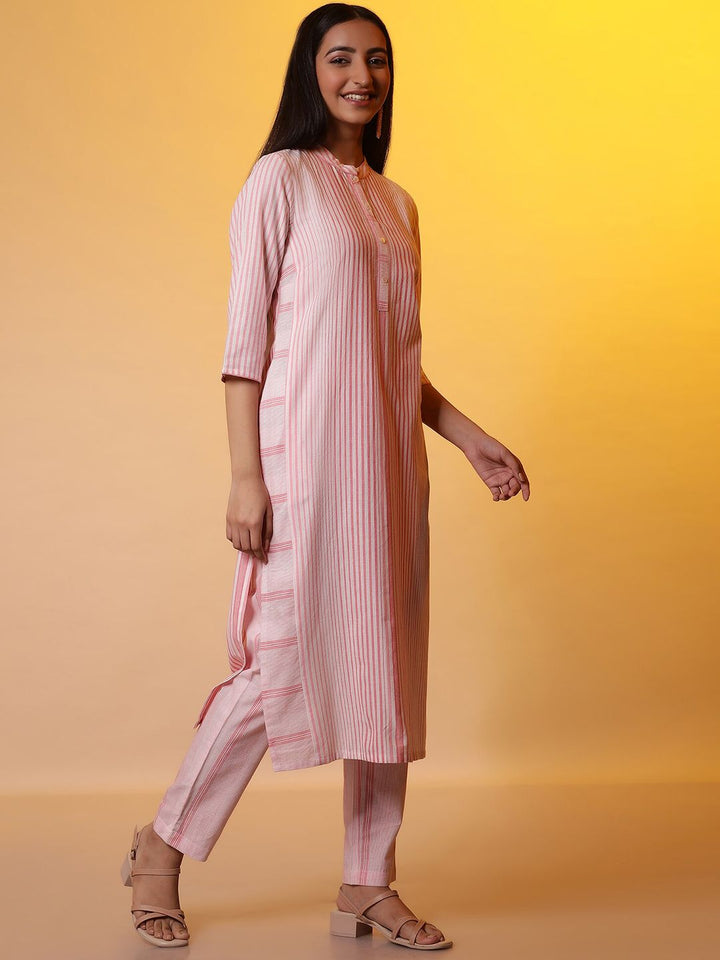 AURELIA Striped Band Collar Regular Pure Cotton Straight Kurta with Trousers