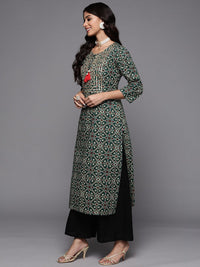 Varanga Women Green & Golden  Cotton Ethnic Motifs Printed Straight Kurta