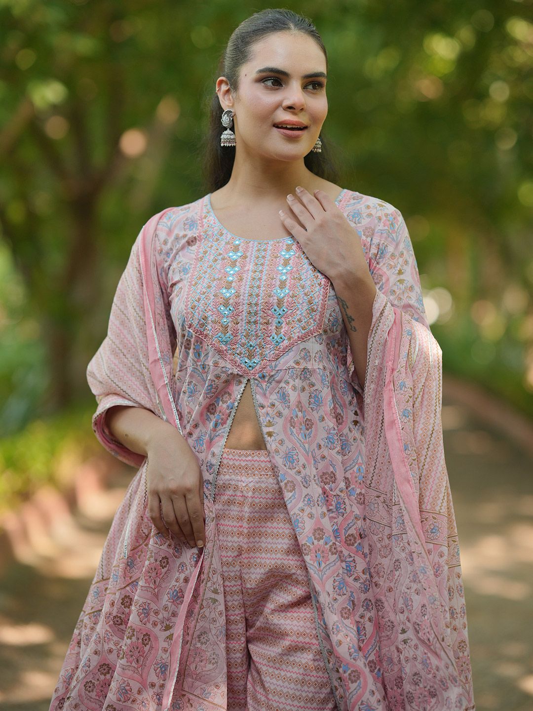 Libas Floral Printed Panelled Gotta Patti Pure Cotton Kurta with Palazzos & Dupatta