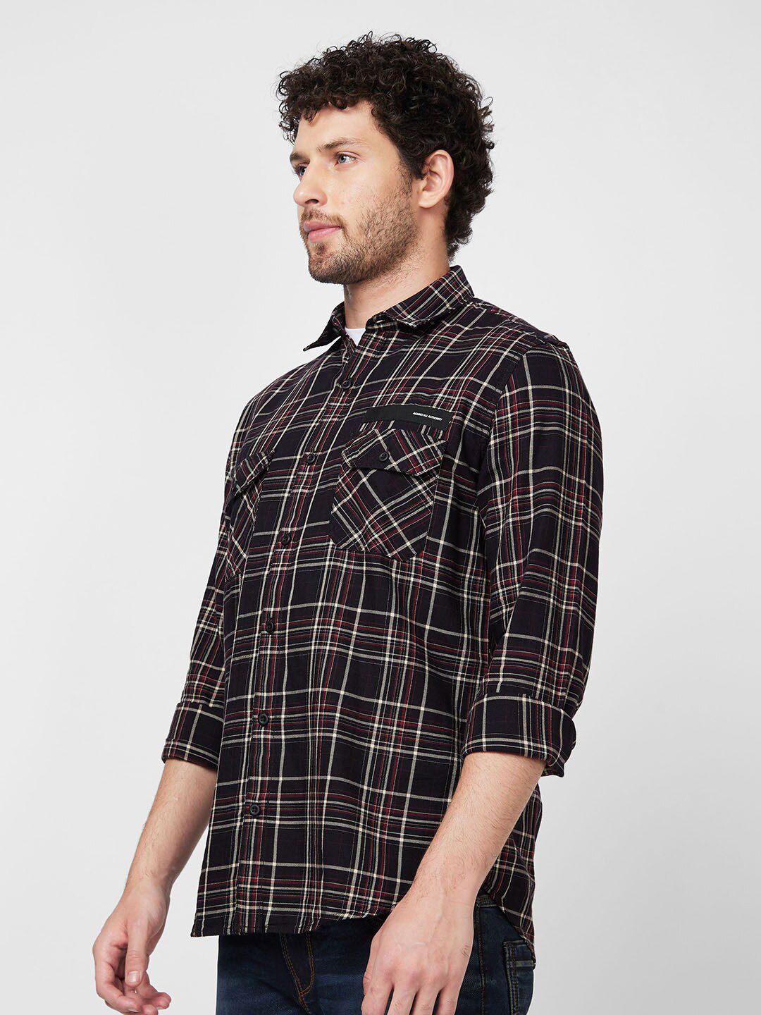 SPYKAR Tartan Checked Spread Collar Denim Casual Cotton Shirt