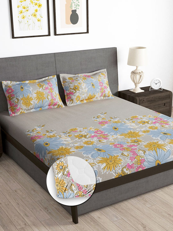 Story@home Beige & Yellow 180 TC Floral Queen Fitted Bedsheet With 2 Pillow Covers