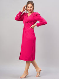 Antheaa Pink Shirt Collar Cuff Sleeves Pleated Sheath Midi Dress