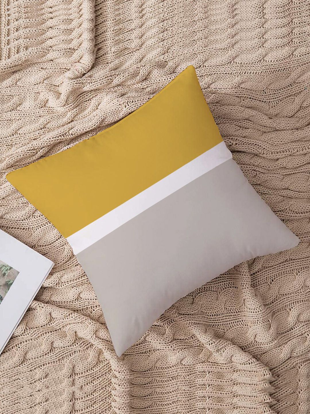 STITCHNEST Yellow & White Colourblocked 16" x 16" Square Cushion Cover