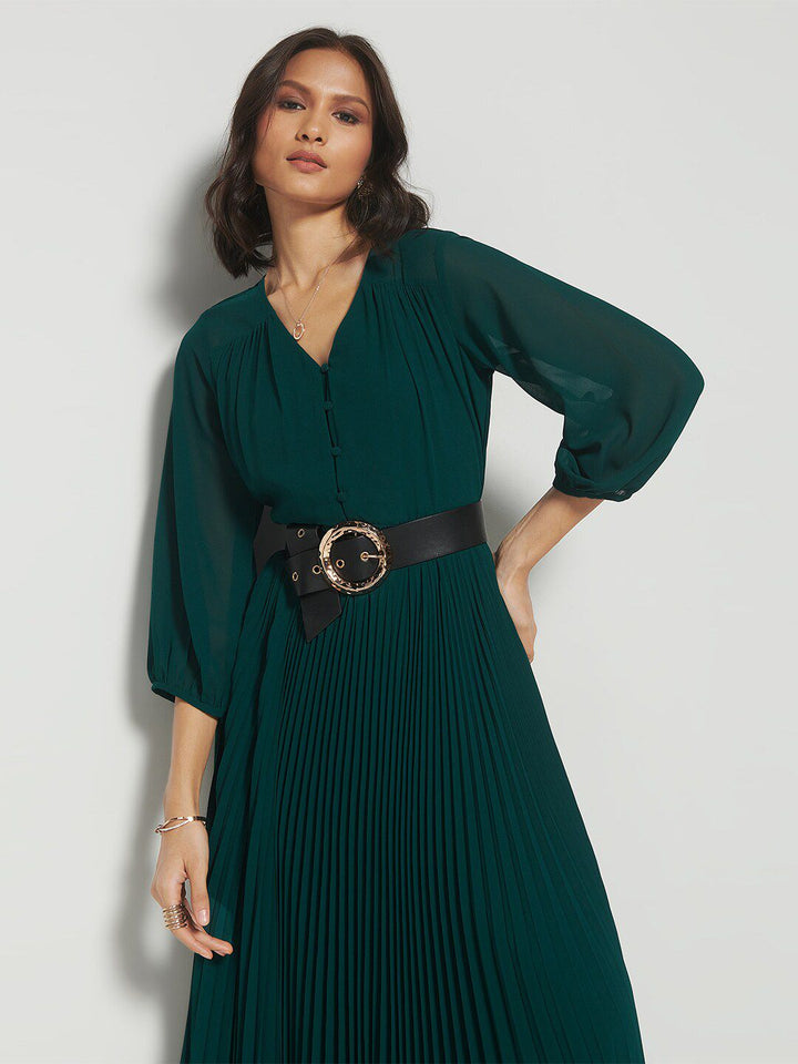 AND V-Neck Puff Sleeves Accordion Pleated Detailed Fit & Flare Midi Dress