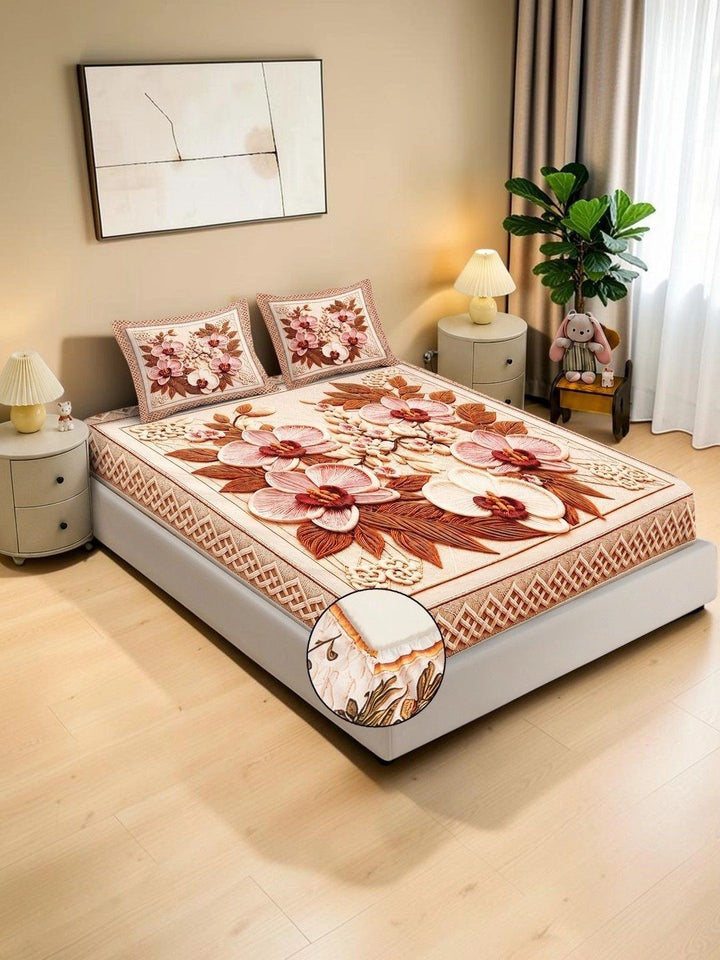 KLOTTHE Berwarna Krim & Coklat Floral 400 TC Cadar King dengan 2 Sarung Bantal