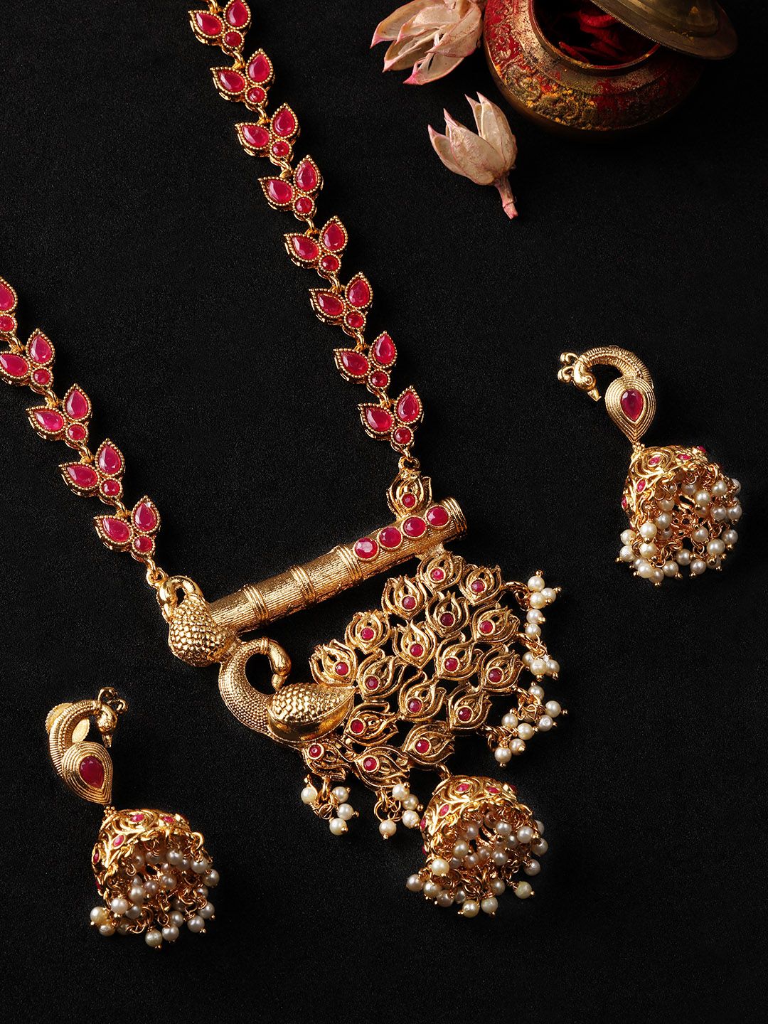 Rubans Wanita berlapis emas & merah jambu buatan tangan ruby ​​ruby ​​set barang kemas